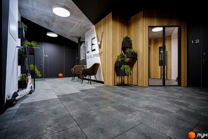 Вхідна група житлового комплексу OBRIY3 з дверима та рослинами. Сучасний дизайн холу з дверима та рослинами.