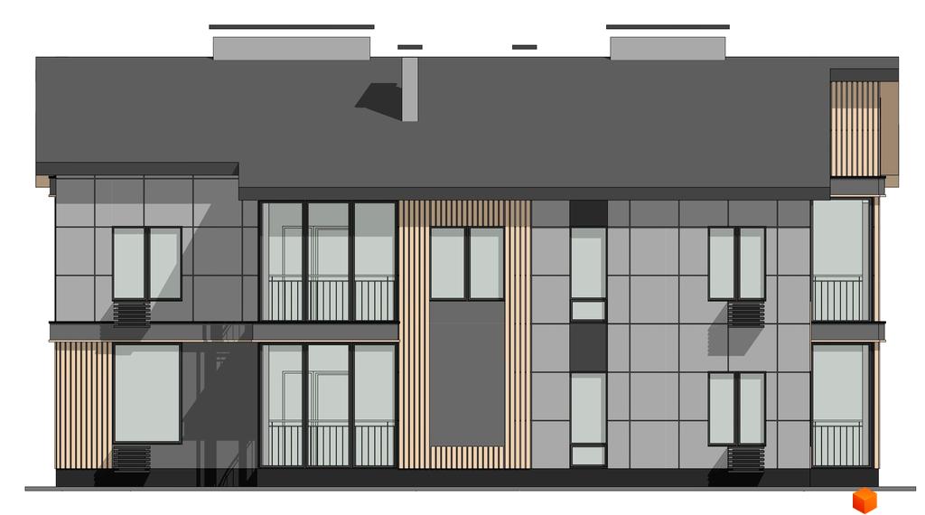 Зображення фасаду будинку ЖК Лелека з великими вікнами, балконами та оздобленням з дерева. На даху розташовані технічні елементи.