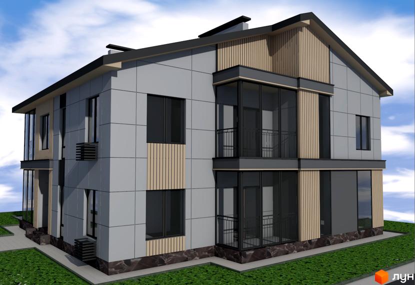 Двоповерховий будинок з сірими панелями, панорамними вікнами та балконами. На прибудинковій території зелена трава та доріжки.