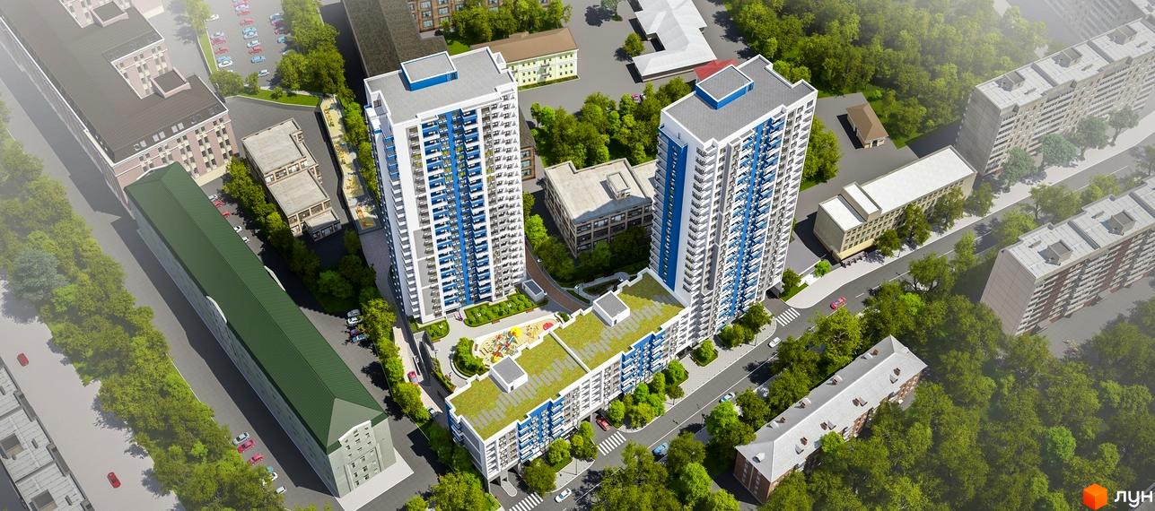 Житловий комплекс Воздухофлотський квартал – це сучасна новобудова з високими будинками та зеленою прибудинковою територією з дитячими майданчиками.