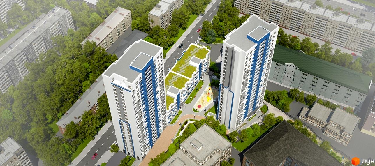 Зовнішній вигляд житлового комплексу Воздухофлотський квартал з висоти пташиного польоту. На зображенні видно високі білі будівлі з синіми елементами, зелені дахи та дитячий майданчик.