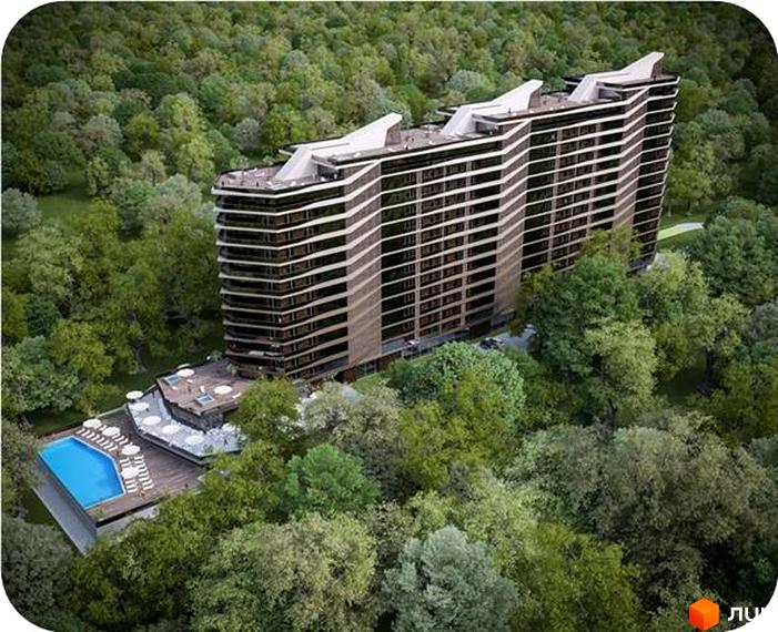 Житловий комплекс Green Wood серед зелених насаджень. На території комплексу є басейн та зона відпочинку.