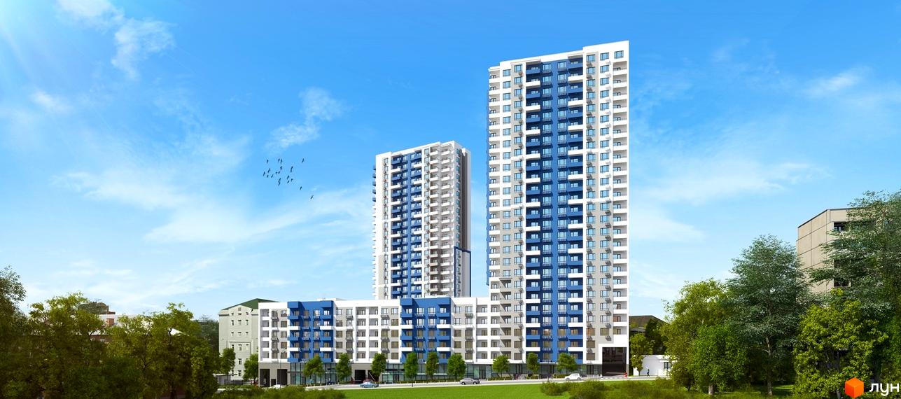 Новобудова Воздухофлотський квартал з високими вежами та низькою забудовою, фасади оздоблені синіми та сірими панелями, багато балконів. Прибудинкова територія з деревами та автомобілями.