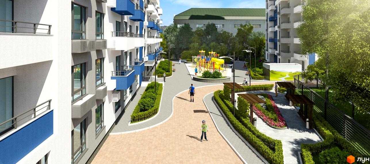 Житловий комплекс Воздухофлотський квартал. Зовнішній вигляд будинків з синіми елементами та балконами, прибудинкова територія з дитячим майданчиком та зонами відпочинку.