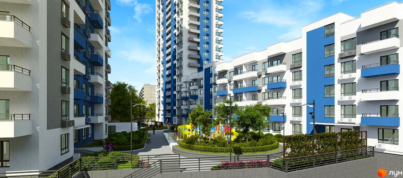 Зовнішній вигляд новобудови ЖК Воздухофлотський квартал з фасадами білого та синього кольорів. Прибудинкова територія з дитячим майданчиком та зеленими насадженнями.