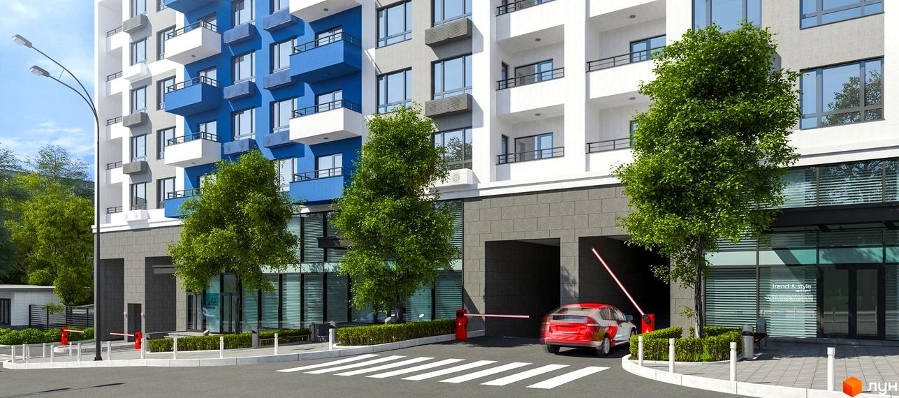 Житловий комплекс Воздухофлотський квартал з фасадами білого та синього кольорів, з балконами та кондиціонерами. Перед будинком проїзд з шлагбаумами та зелені насадження.