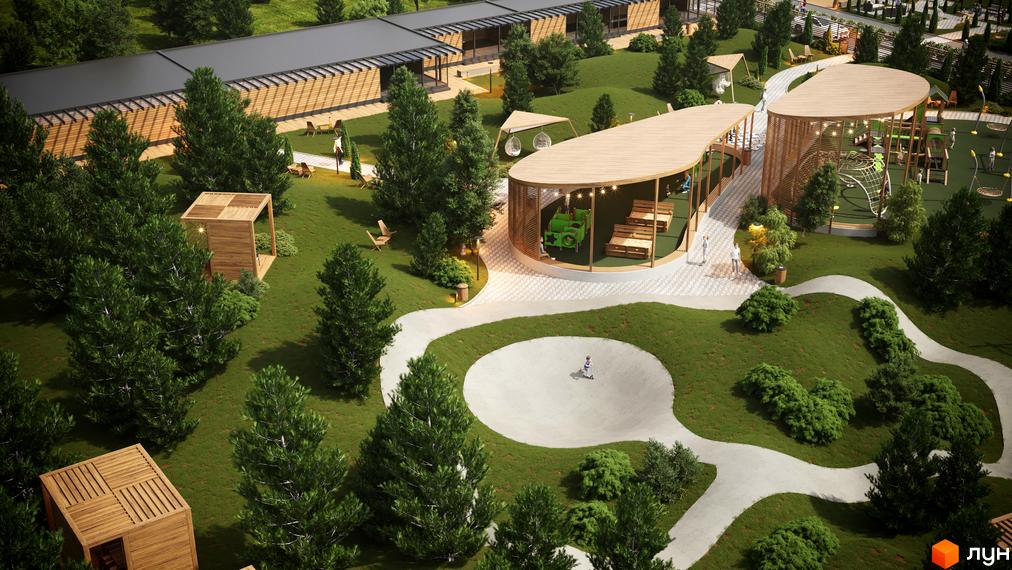 Котеджне містечко Затишний: зелена територія з дитячими майданчиками, зонами відпочинку та дерев'яними альтанками. Сучасний дизайн будинків та ландшафтне озеленення.