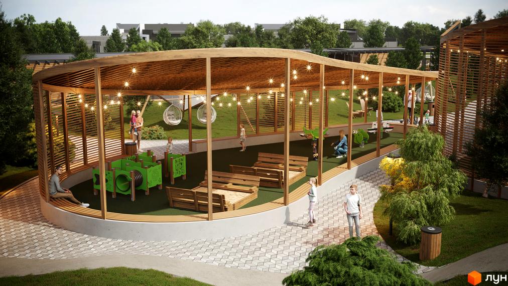 Дитячий майданчик під навісом у житловому комплексі КМ Затишний з гойдалками та пісочницями. Зелена територія з деревами та місцями для відпочинку.