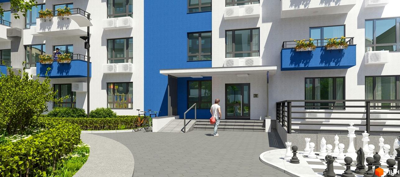 Житловий комплекс Воздухофлотський квартал – біло-синя будівля з балконами. На подвір'ї зелені насадження та вуличні шахи.