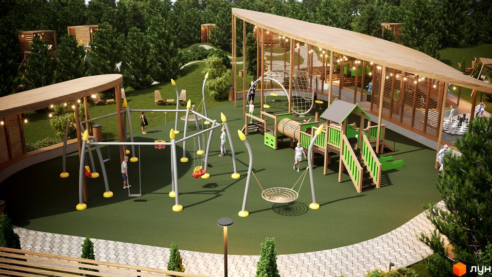 Котеджне містечко Затишний: великий ігровий комплекс з дерев'яним дахом, гірками та тунелем. На території розташовані гойдалки, сітчасті елементи та зона для шахів.