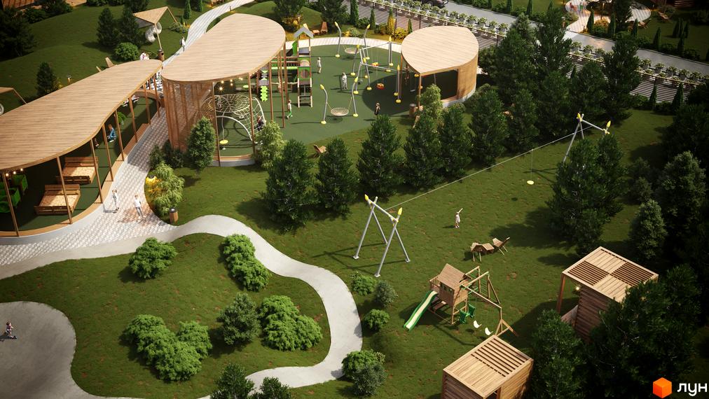 Котеджне містечко Затишний: дитячий майданчик з дерев'яними навісами, гойдалками та пісочницями. Навколо зелена галявина з деревами та доріжками.