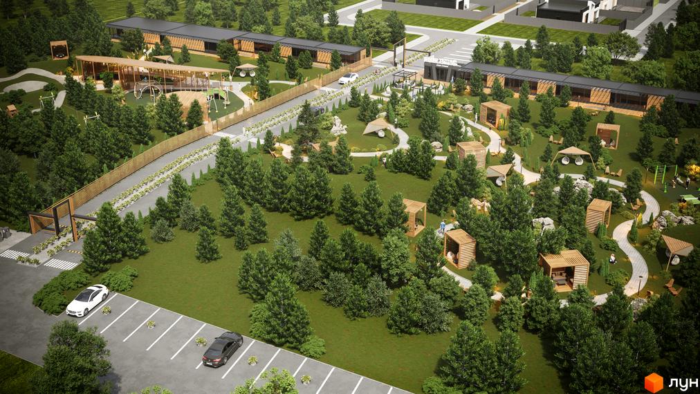 Котеджне містечко Затишний: зелена територія з дитячими майданчиками, зонами відпочинку та дерев'яними альтанками. Сучасні будинки з великими вікнами.