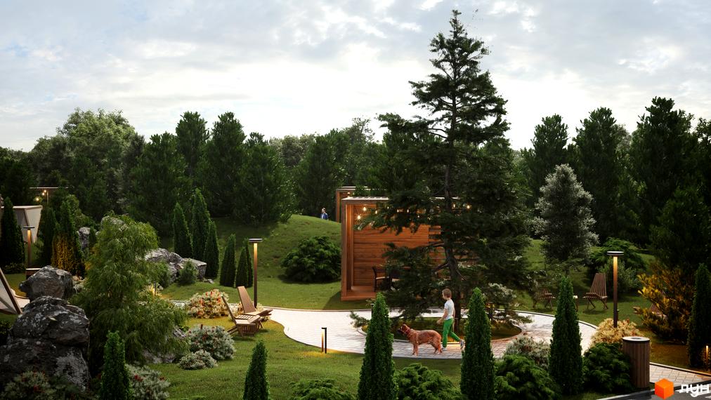 Котеджне містечко КМ Затишний: дерев'яні будиночки та зелена територія з доріжками та місцями для відпочинку. Затишна атмосфера для життя.