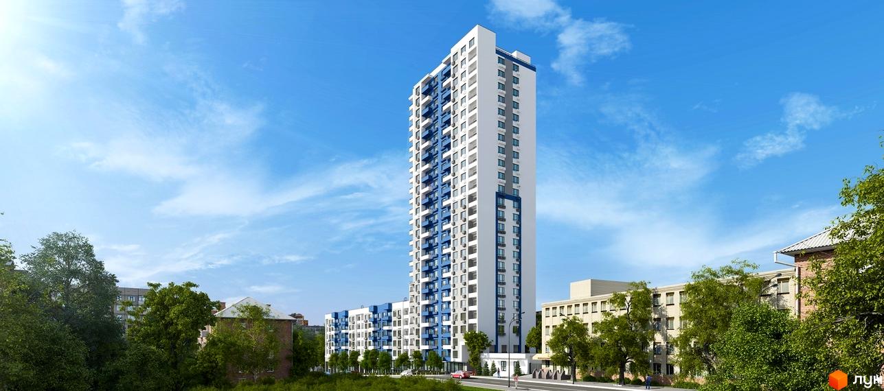 Житловий комплекс Воздухофлотський квартал: висотна біла новобудова з синіми елементами фасаду та балконами. Навколо зелені дерева та сусідні будівлі.