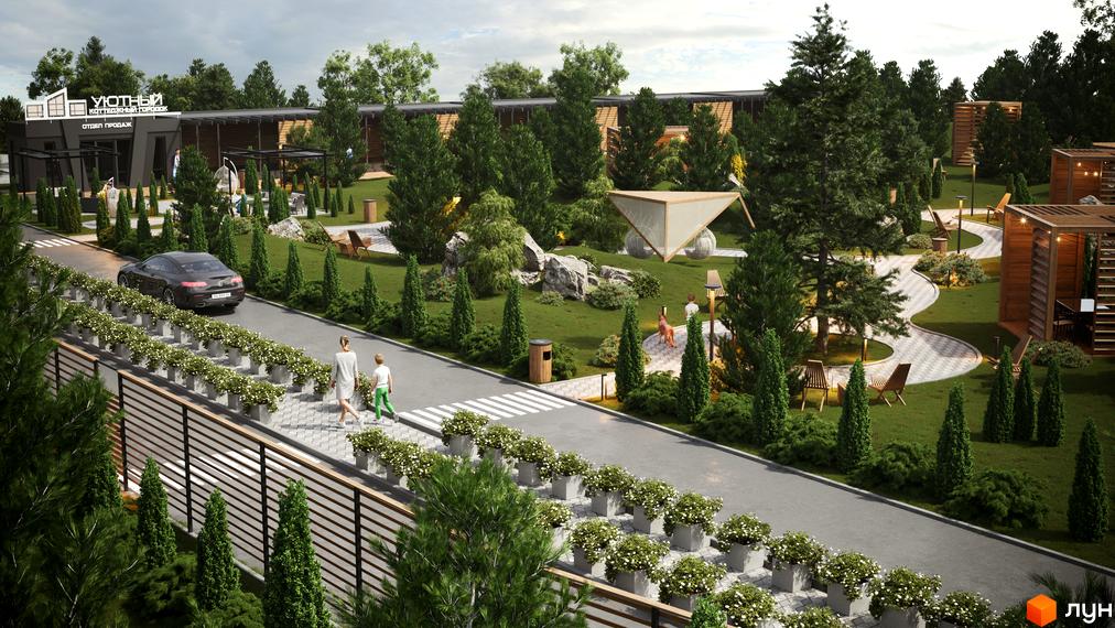 Котеджне містечко Затишний: затишна територія з доглянутими зеленими насадженнями, доріжками та зонами відпочинку. Сучасний відділ продажів та комфортні котеджі.