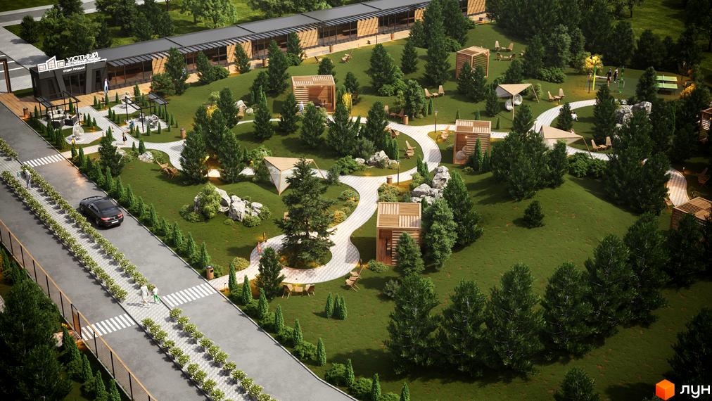 Котеджне містечко Затишний: зелена територія з доріжками, зонами відпочинку та дерев'яними альтанками. Сучасна архітектура та облаштований ландшафт.