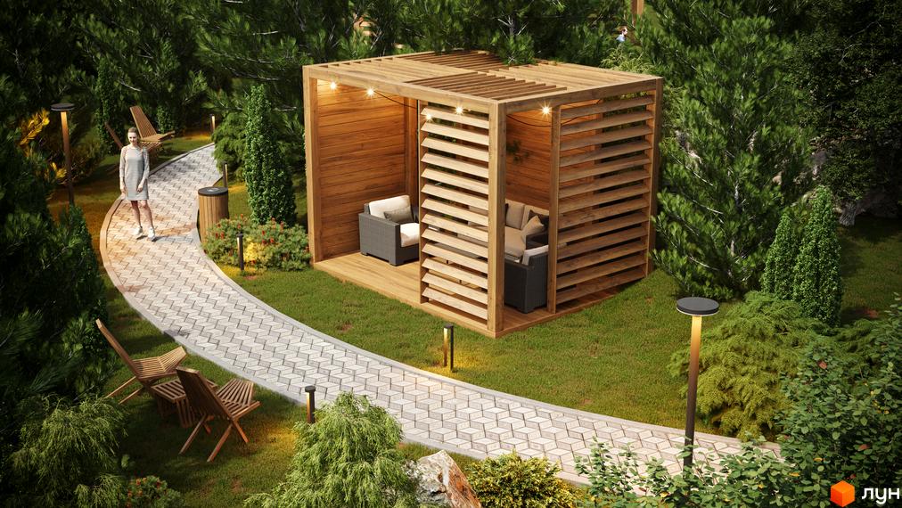 Котеджне містечко Затишний: дерев'яна альтанка з меблями та вимощена доріжка серед доглянутої зеленої території.