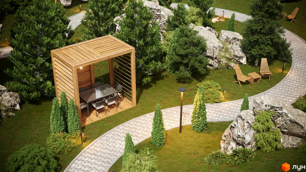 Прибудинкова територія Котеджного містечка Затишний з дерев'яною альтанкою, зонами відпочинку та доріжками серед зелені.