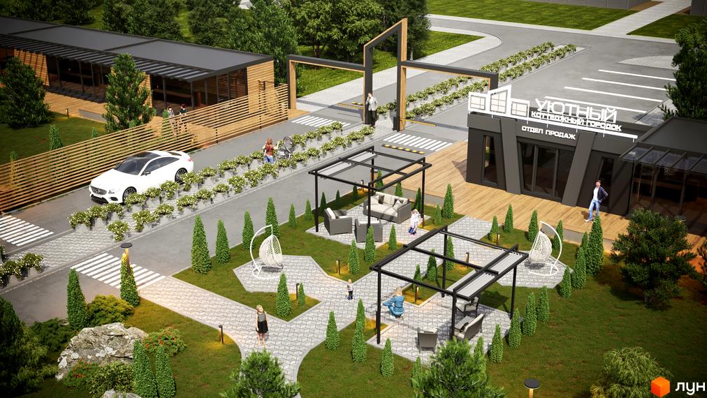 Зовнішній вигляд котеджного містечка КМ Затишний з сучасними будинками та доглянутою прибудинковою територією з зонами відпочинку.