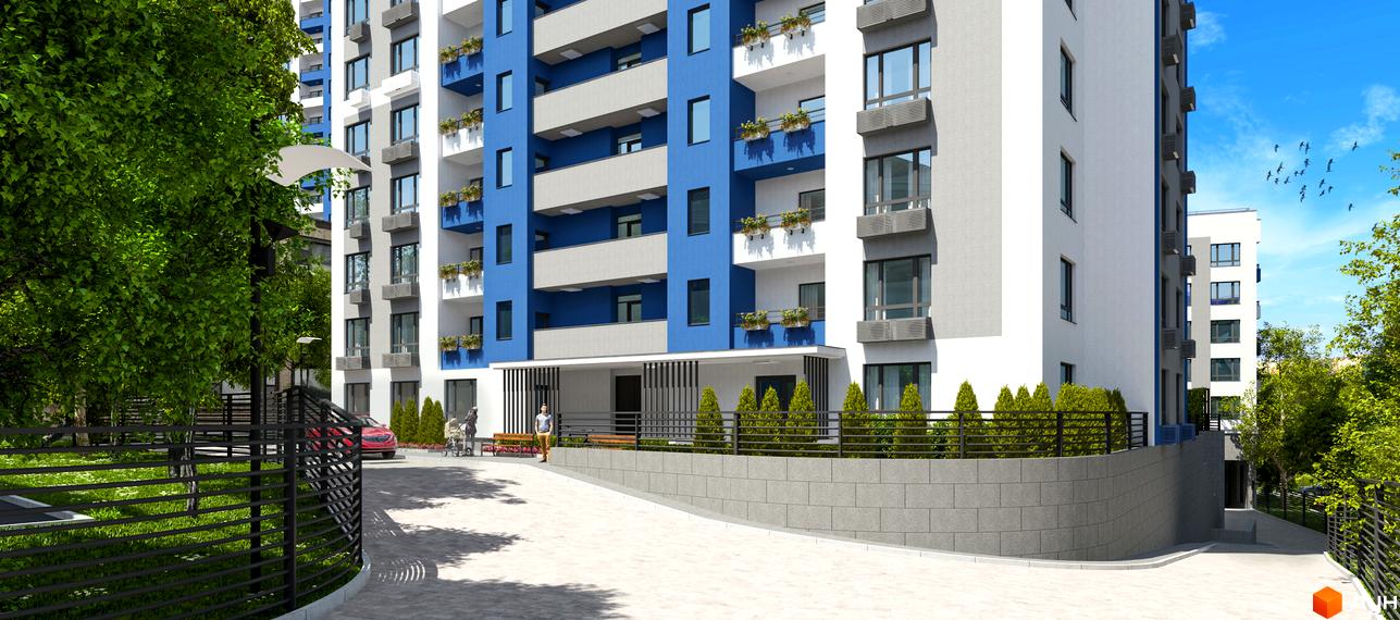 Житловий комплекс Воздухофлотський квартал. Фасад новобудови з синіми та білими елементами, балконами з квітами та прибудинковою територією з деревами та парканом.