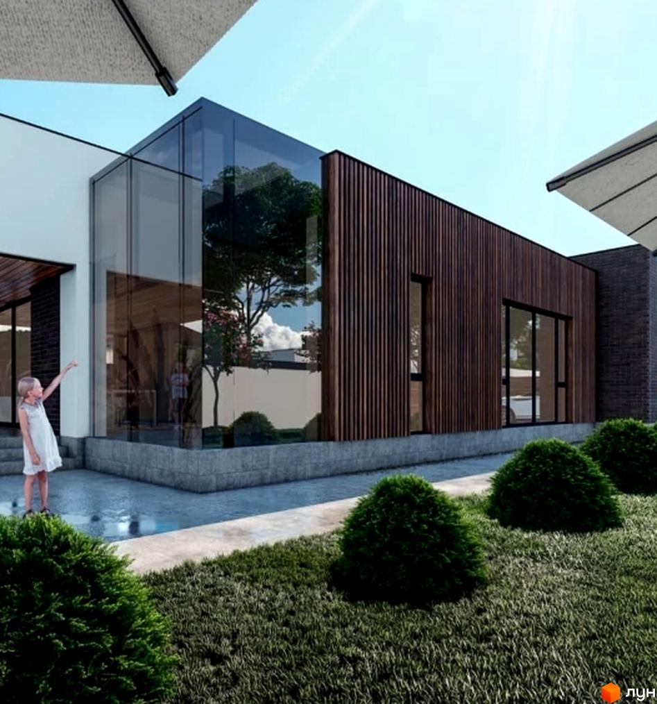 Котеджне містечко Comfort City GREEN PARK з великими панорамними вікнами та дерев'яним фасадом. Навколо будинку доглянутий зелений газон та кущі.