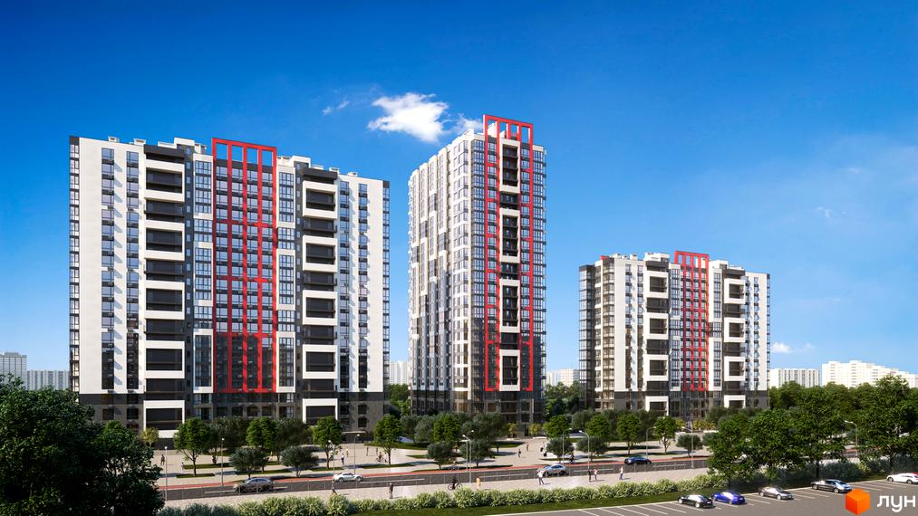 Зовнішній вигляд житлового комплексу 7 KVARTAL з білими та сірими фасадами, червоними декоративними елементами та скляними балконами. Навколо комплексу зелені дерева та облаштована прибудинкова територія з дорогою та парковкою.