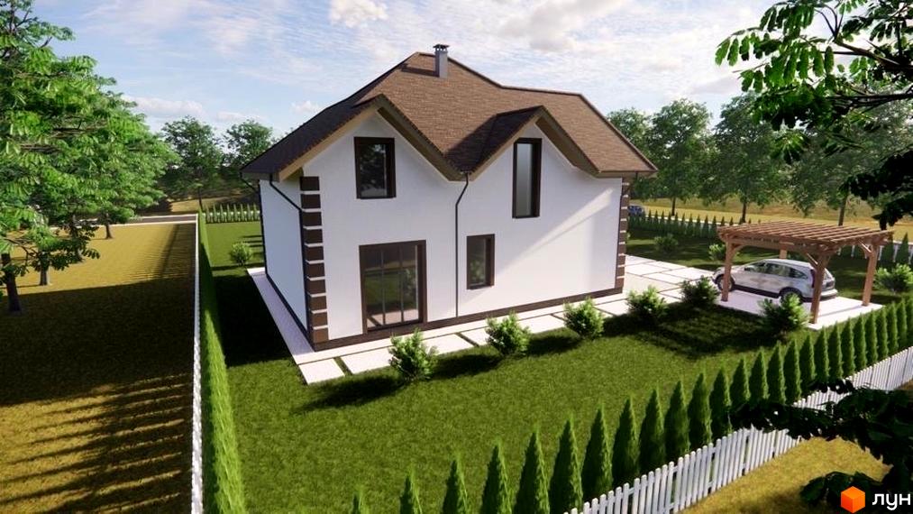 Двоповерховий будинок з коричневим дахом та білими стінами. На території Містечко котеджів Крушинка Парк є газон, дерева та місце для паркування авто.