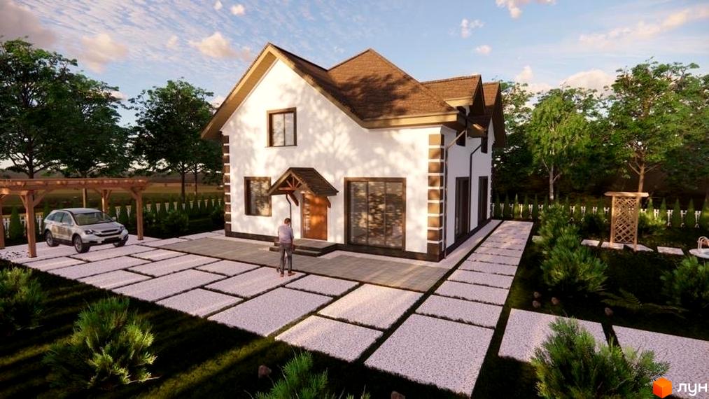 Зображення будинку в Котеджному комплексі Крушинка Парк. Білий будинок з коричневою покрівлею та доглянутою прибудинковою територією з бруківкою та газоном.