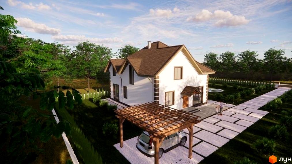 Двоповерховий будинок з коричневим дахом та білими стінами. На подвір'ї доріжки з плитки, а також критий паркінг для авто.