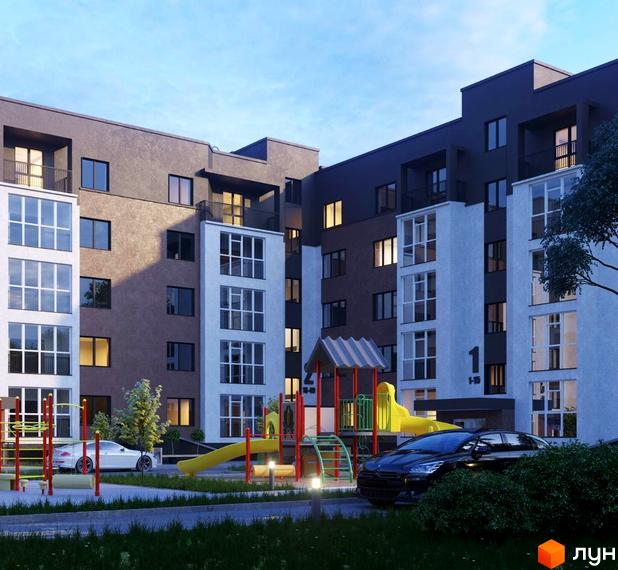 Зображення фасаду багатоповерхового будинку ЖК Прага з білими та темно-коричневими стінами, балконами та панорамними вікнами. На території дитячий майданчик, автомобілі та зелені насадження.