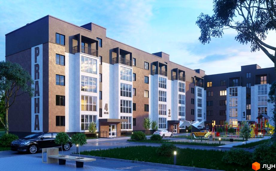 Зображення фасаду багатоповерхового будинку ЖК Прага з білими секціями, балконами та великими вікнами. На прибудинковій території є парковка, лавки та дитячий майданчик.