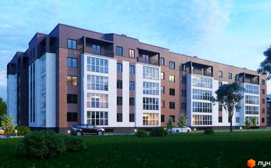 Багатоповерховий будинок ЖК Прага з великими вікнами та балконами. На території комплексу є зелені насадження та місця для паркування.