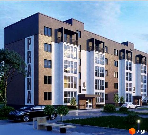 Зображення фасаду будинку Житлового комплексу Praha з великими вікнами та припаркованими автомобілями на прибудинковій території.