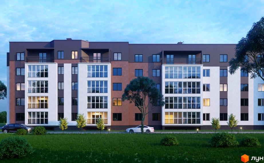 Зображення фасаду та прибудинкової території Житлового комплексу Прага. На передньому плані зелений газон та невеликі дерева.