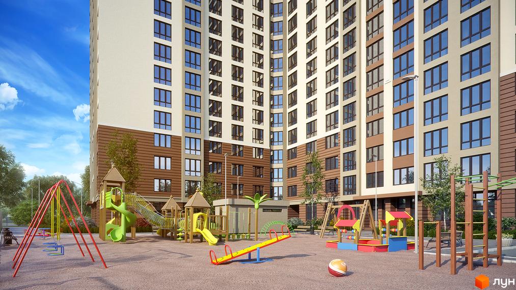 Новобудова на вулиці Вірменська, 6а. Навколо будинку розташований дитячий майданчик з гірками, гойдалками та пісочницею.