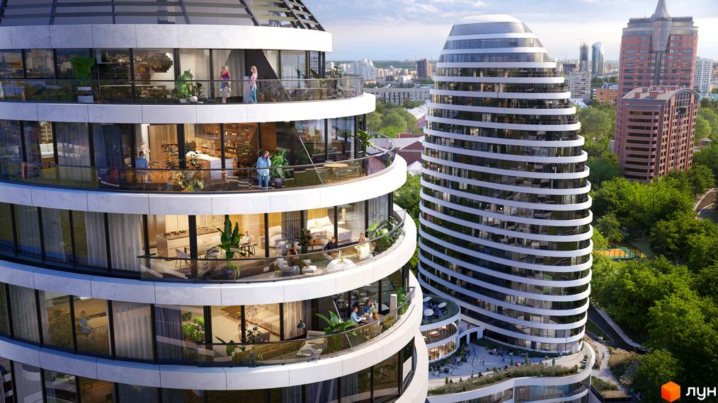 БФК INTERGAL CITY: Багатоповерхові білі будівлі з округлими формами та панорамними вікнами, розташовані серед зелених паркових зон.