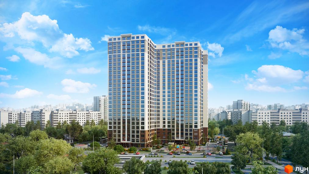 Зовнішній вигляд висотної новобудови на вул. Вірменська, 6а. Навколо будинку розташовані зелені насадження та дитячий майданчик.