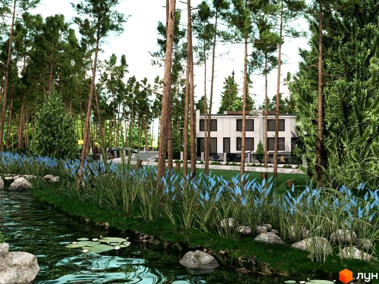 Котеджне містечко Капітель (Франка) - двоповерхові будинки з білими фасадами та темними вікнами, розташовані серед високих сосен біля мальовничого струмка з водяними ліліями.