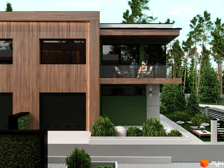 Котеджне містечко Капітель (Франка) - фасад будинку з дерев'яним оздобленням та панорамними вікнами, зелена зона відпочинку з меблями.