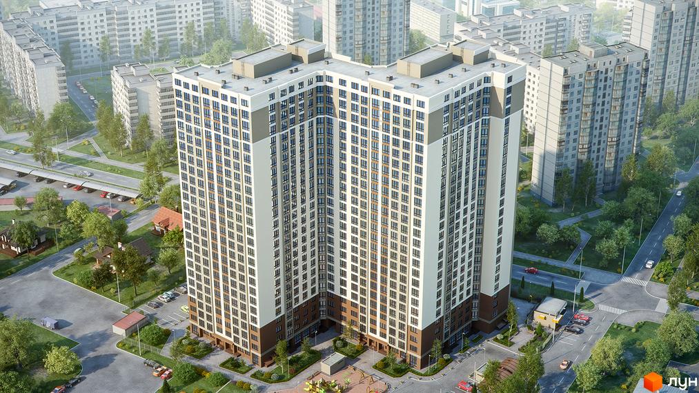 Зовнішній вигляд багатоповерхового житлового комплексу на вулиці Вірменській, 6а. Навколо будинку розташовані зелені насадження та дороги з припаркованими автомобілями.