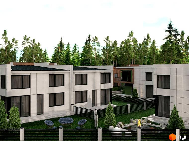 Котеджне містечко КМ Капітель (Франка) з білими фасадами та зеленим ландшафтом. На прибудинковій території розташовані зони відпочинку з сучасними меблями.