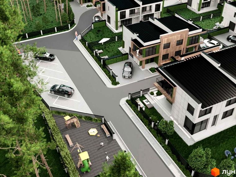 Котеджне містечко Капітель (Франка) - фасади будинків з дерев'яними елементами та зеленою зоною з дитячим майданчиком. Оглядовий вид на житловий комплекс.