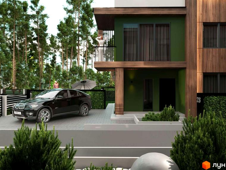 Котеджне містечко Капітель (Франка) - сучасна архітектура та зелена територія. Екстер'єр будинку з дерев'яними елементами та зеленою фасадною частиною, прибудинкова територія з автомобілем та деревами.