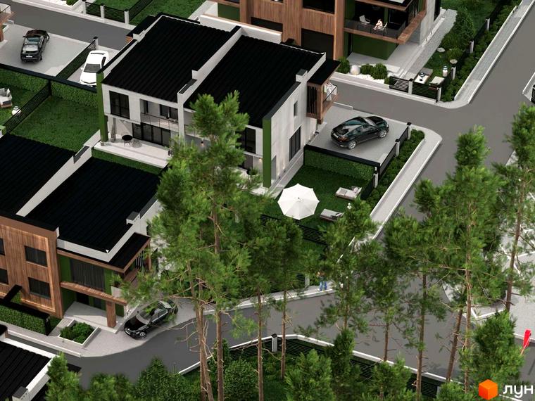 Котеджне містечко Капітель (Франка) з сучасними будинками та доглянутою прибудинковою територією з деревами та зонами відпочинку.