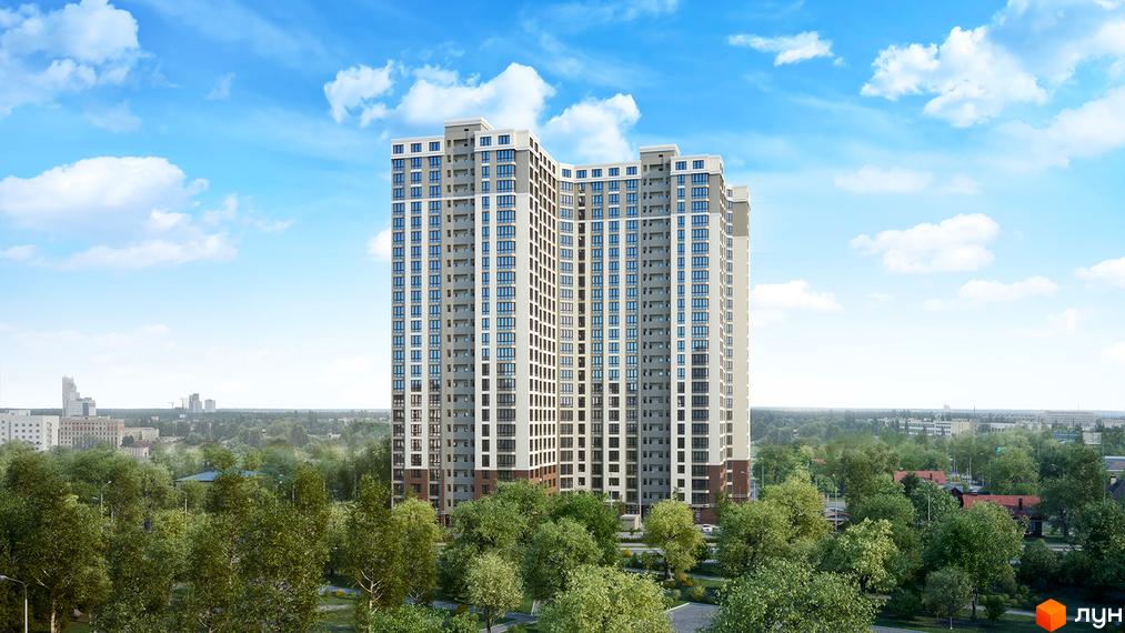 Вид на висотний житловий комплекс з сірими та білими фасадами, численними вікнами та балконами. Навколо комплексу розташовані зелені дерева та міський пейзаж.