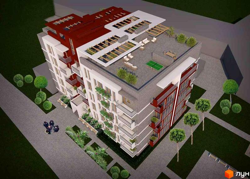 Житловий комплекс Q-3 “Quoroom Alley” з багатоповерховими будинками та терасами, що виходять на зелену прибудинкову територію з деревами та зонами відпочинку.