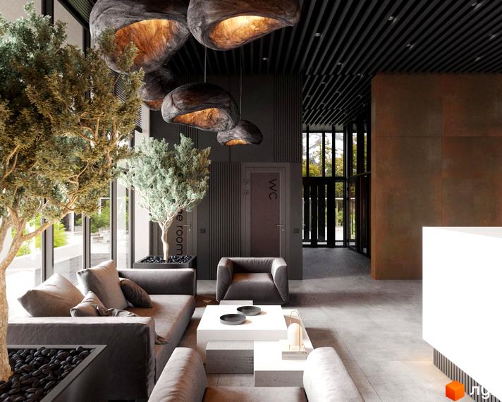 Інтер'єр холу ЖК Park Residence з рослинами, диванами та підвісними світильниками. Просторий хол з великими вікнами та декоративними елементами.