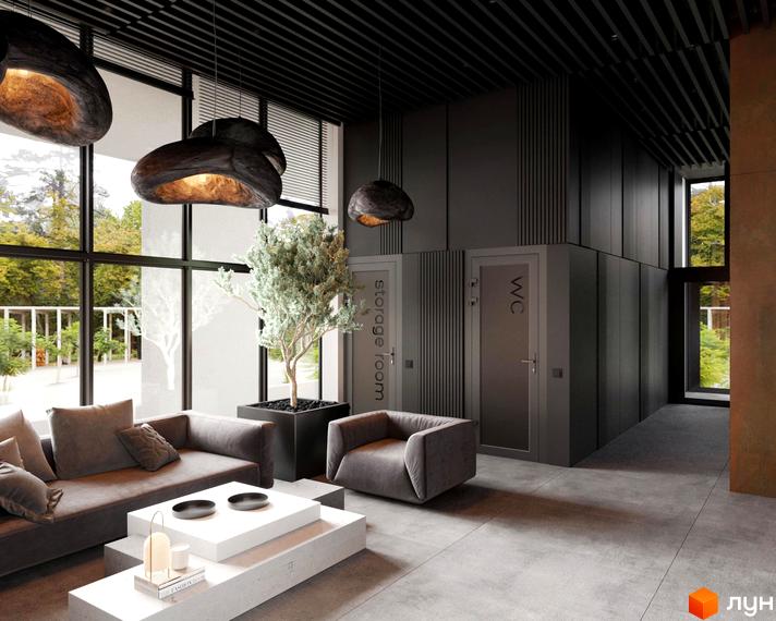 Інтер'єр ЖК Park Residence: простора вітальня з панорамними вікнами, диваном та кріслом, оздоблена декоративними світильниками.