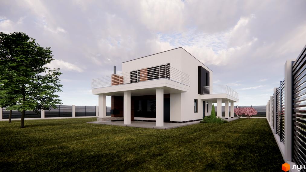 Котеджне містечко КМ Wood Side Village: двоповерховий будинок з балконами та терасою, зелений газон та огорожа.