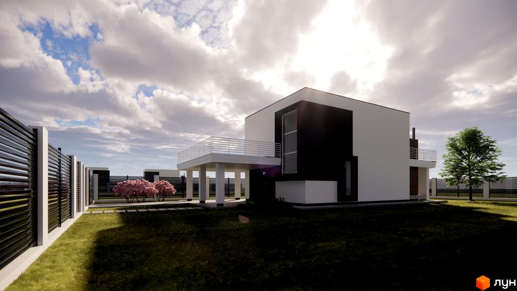 Котеджне містечко Wood Side Village з біло-чорним фасадом та терасою, оточений доглянутим газоном та огорожею.